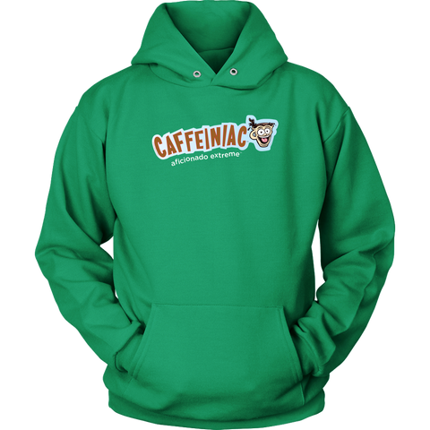 Image of front view of a bright green unisex hoodie featuring the caffeiniac aficionado extreme design on the front