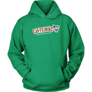 front view of a bright green unisex hoodie featuring the caffeiniac aficionado extreme design on the front