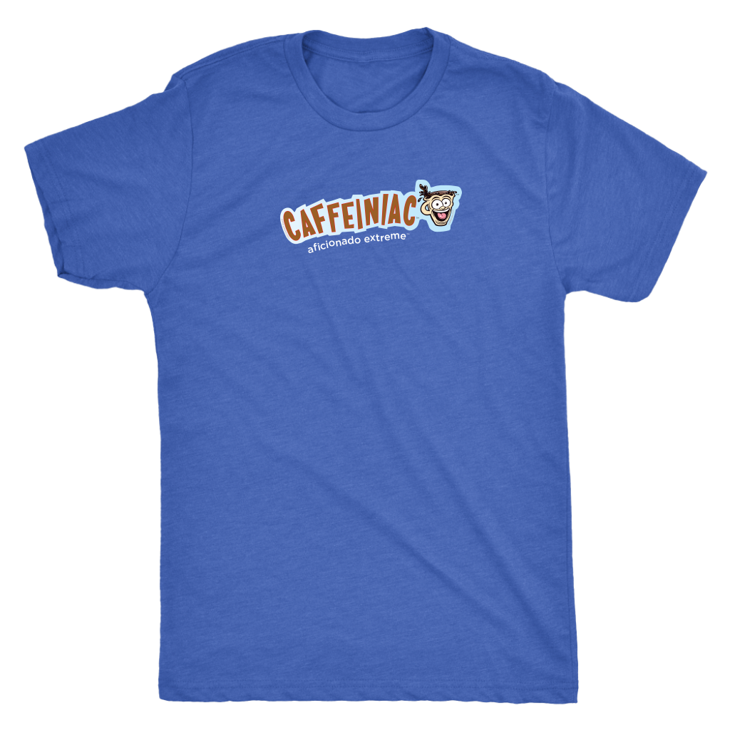 a blue Next Level Mens Triblend T-shirt featuring the Caffeinaic aficionado extreme design on the front