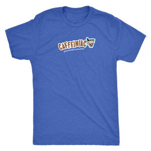a blue Next Level Mens Triblend T-shirt featuring the Caffeinaic aficionado extreme design on the front