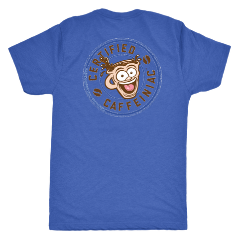 Image of the back view of a blue t-shirt featuring the Certified Caffeiniaic design