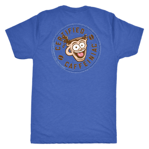 the back view of a blue t-shirt featuring the Certified Caffeiniaic design