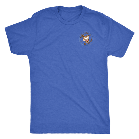 Image of The front view of a blue tshirt with the Certified Caffeiniac design on the front left chest