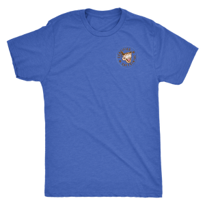 The front view of a blue tshirt with the Certified Caffeiniac design on the front left chest
