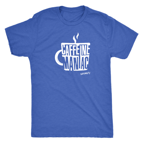 Image of a blue Caffeiniac t-shirt featuring the Caffeine Maniac design on the front in white letters