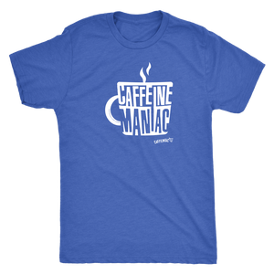 a blue Caffeiniac t-shirt featuring the Caffeine Maniac design on the front in white letters