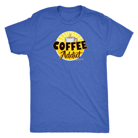 Image of front view of a mens royal blue Caffeiniac t-shirt featuring the Coffee Addict design