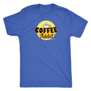 front view of a mens royal blue Caffeiniac t-shirt featuring the Coffee Addict design