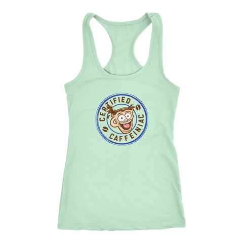 Image of front view of a light green racerback tank top featuring the Certified Caffeiniac design on the front 