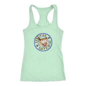 front view of a light green racerback tank top featuring the Certified Caffeiniac design on the front 