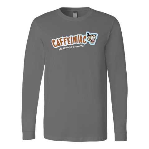 Image of front view of a grey long sleeve tshirt with Caffeiniac aficionado extreme design on the front