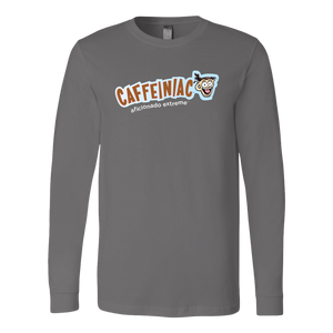 front view of a grey long sleeve tshirt with Caffeiniac aficionado extreme design on the front