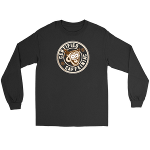 Front view of a black long sleeve t-shirt featuring the Certified Caffeiniac design in tan