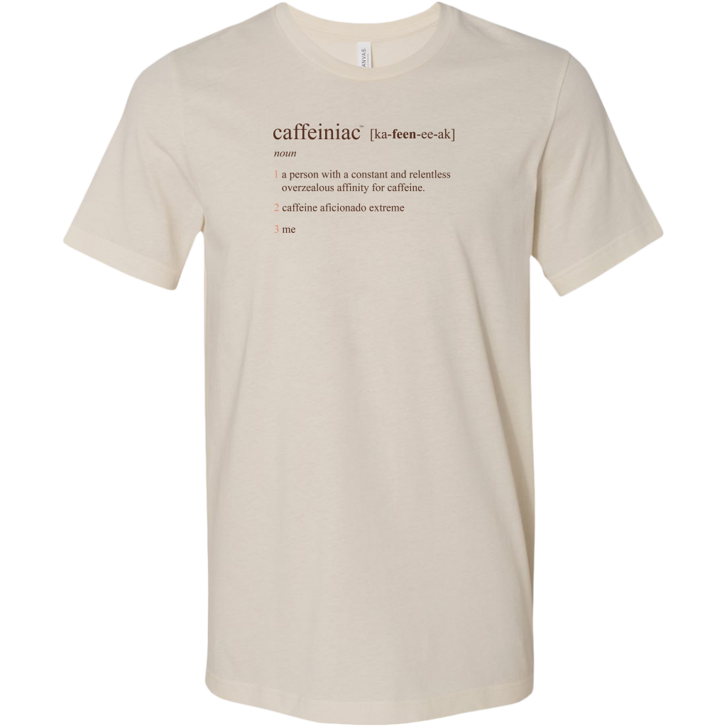 a beige Canvas Mens Shirt featuring the Caffeiniac Defined design on the front