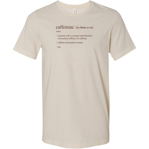 Image of a beige Canvas Mens Shirt featuring the Caffeiniac Defined design on the front