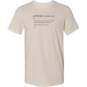 a beige Canvas Mens Shirt featuring the Caffeiniac Defined design on the front