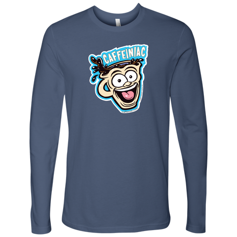 Image of front view of a dark blue Next Level Mens Long Sleeve T-Shirt featuring the original Caffeiniac Dude cup design on the front
