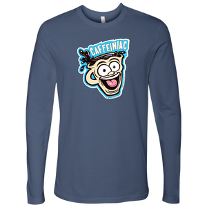 front view of a dark blue Next Level Mens Long Sleeve T-Shirt featuring the original Caffeiniac Dude cup design on the front