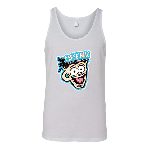 Image of front view of a white tank top featuring the original Caffeiniac dude cup design on the front