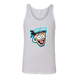 front view of a white tank top featuring the original Caffeiniac dude cup design on the front