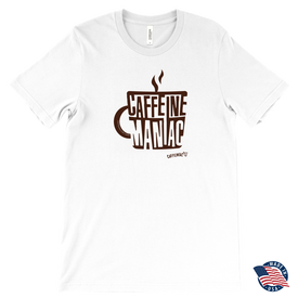 a men's white shirt featuring the original coffee lover's design "Caffeine Maniac" by Caffeiniac on the front. Made in the USA