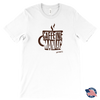 a men's white shirt featuring the original coffee lover's design "Caffeine Maniac" by Caffeiniac on the front. Made in the USA