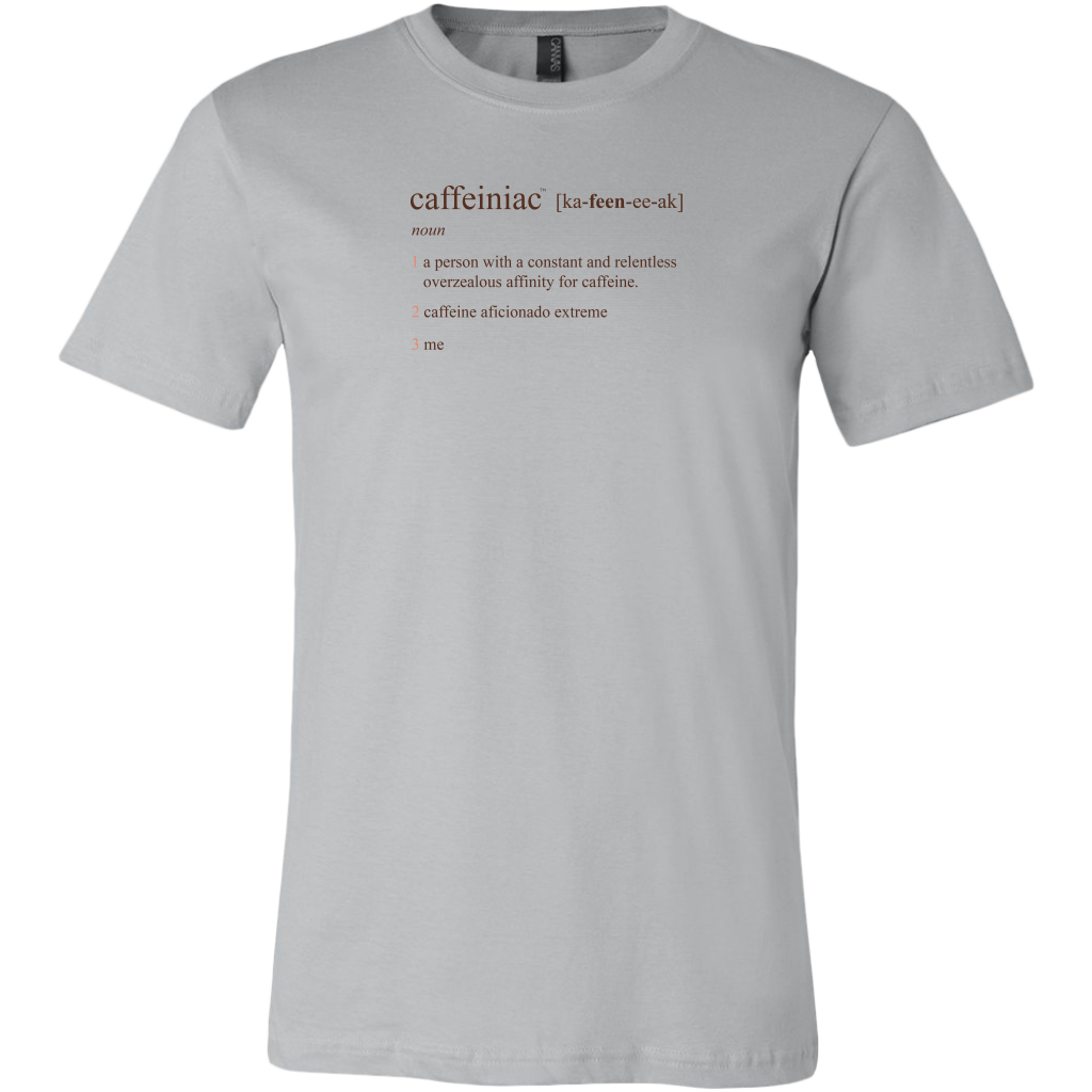 a light grey Canvas Mens Shirt featuring the Caffeiniac Defined design on the front