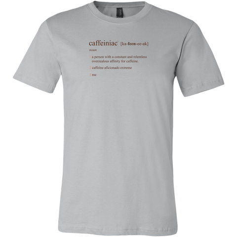 Image of a light grey Canvas Mens Shirt featuring the Caffeiniac Defined design on the front