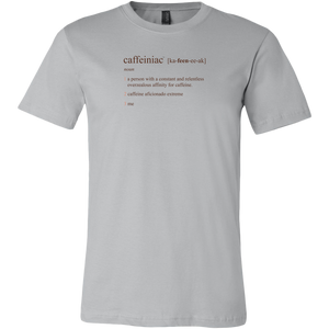 a light grey Canvas Mens Shirt featuring the Caffeiniac Defined design on the front