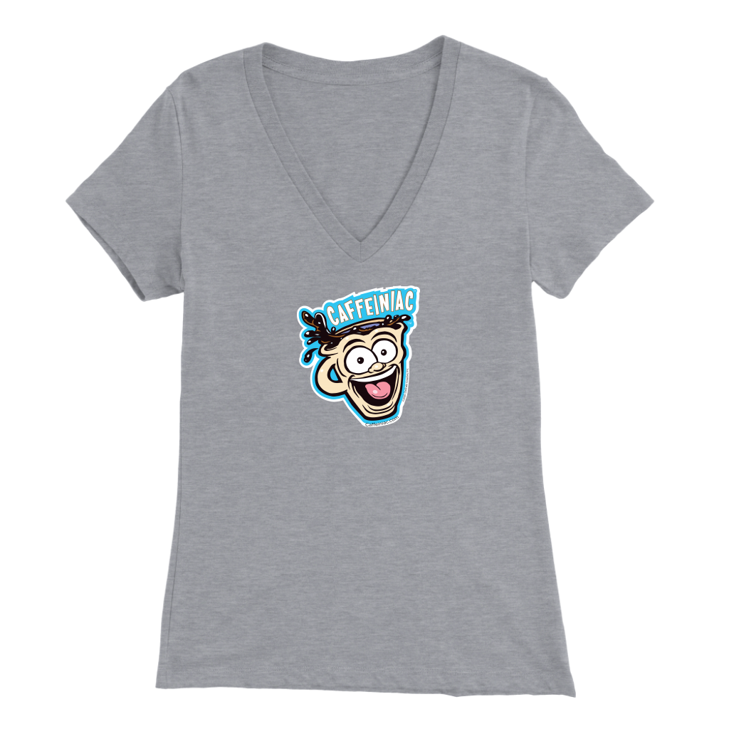Front view of a light grey colored womens v-neck light blue shirt featuring the original Caffeiniac Dude cup design on the front
