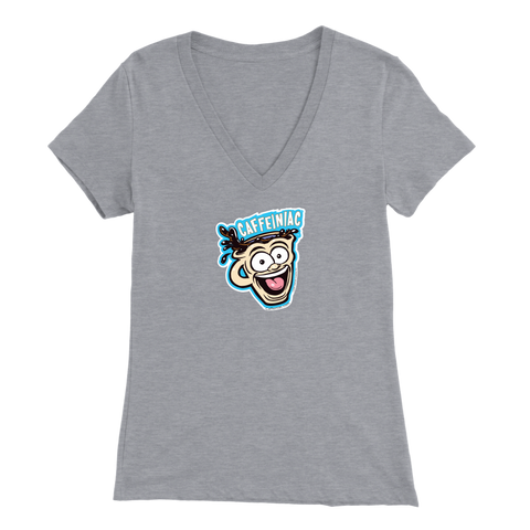 Image of Front view of a light grey colored womens v-neck light blue shirt featuring the original Caffeiniac Dude cup design on the front