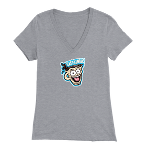 Front view of a light grey colored womens v-neck light blue shirt featuring the original Caffeiniac Dude cup design on the front