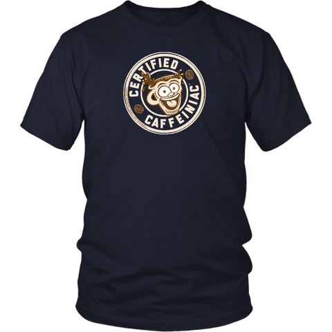Image of Front view of a men’s navy blue shirt featuring the Certified Caffeiniac design in tan ink on the front