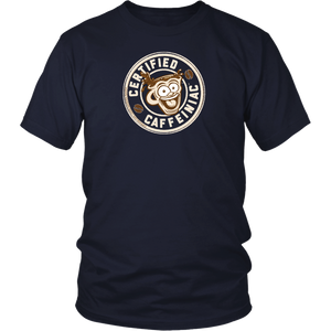 Front view of a men’s navy blue shirt featuring the Certified Caffeiniac design in tan ink on the front