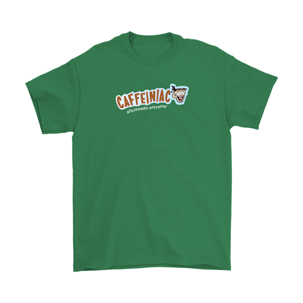 a green Gildan Mens T-Shirt featuring the Caffeinaic aficionado extreme design on the front