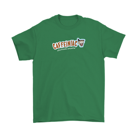 Image of a green Gildan Mens T-Shirt featuring the Caffeinaic aficionado extreme design on the front