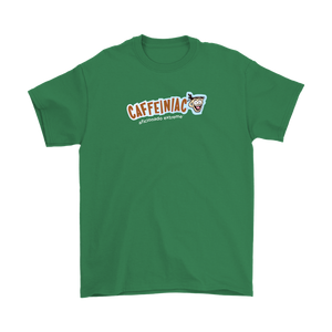 a green Gildan Mens T-Shirt featuring the Caffeinaic aficionado extreme design on the front