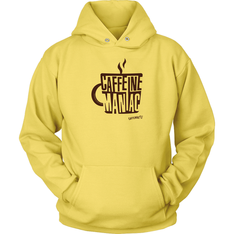 Image of a bright yellow hoodie sweatshirt featuring the original coffee lover's design "Caffeine Maniac" by Caffeiniac on the front.