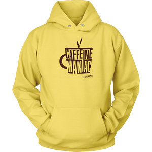 a bright yellow hoodie sweatshirt featuring the original coffee lover's design "Caffeine Maniac" by Caffeiniac on the front.