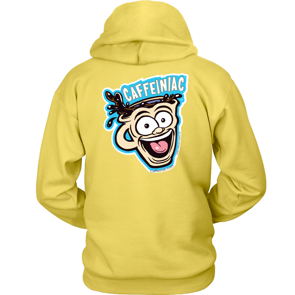 back view of a yellow unisex Hoodie featuring the original Caffeiniac Dude design on the front left chest and full size on the back