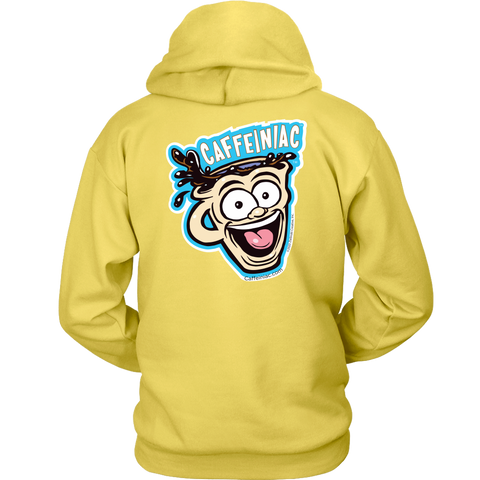 Image of back view of a yellow unisex Hoodie featuring the original Caffeiniac Dude design on the front left chest and full size on the back