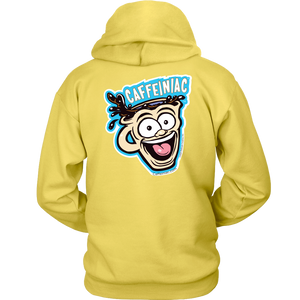 back view of a yellow unisex Hoodie featuring the original Caffeiniac Dude design on the front left chest and full size on the back