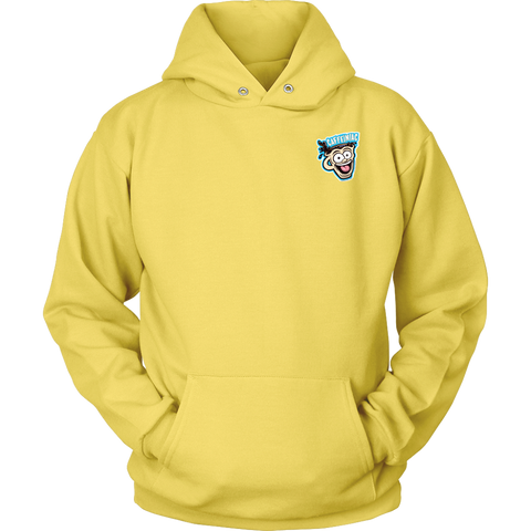 Image of Front view of a yellow unisex Hoodie featuring the original Caffeiniac Dude design on the front left chest and full size on the back