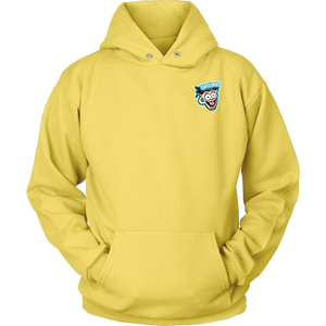 Front view of a yellow unisex Hoodie featuring the original Caffeiniac Dude design on the front left chest and full size on the back
