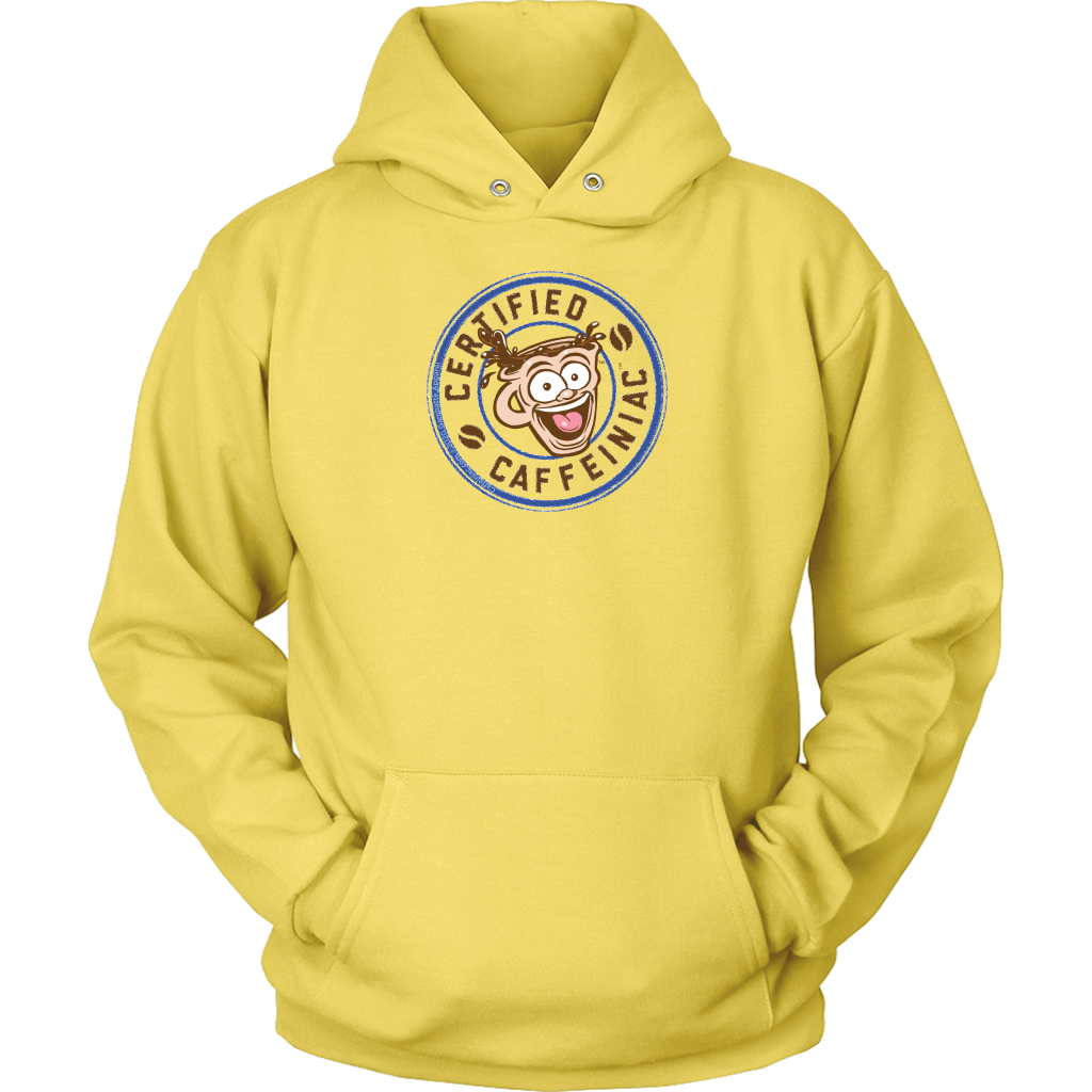 front view of a yellow unisex hoodie featuring the certified caffeiniac design 