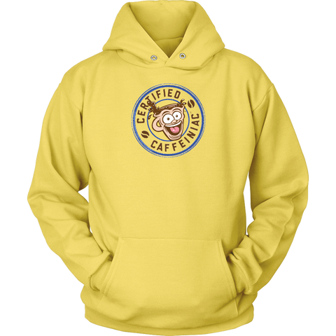 Image of front view of a yellow unisex hoodie featuring the certified caffeiniac design 