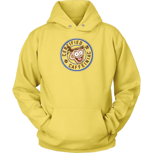 front view of a yellow unisex hoodie featuring the certified caffeiniac design 