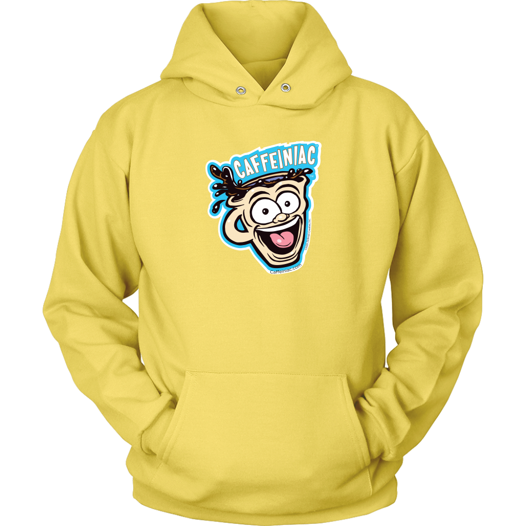 Front view of a yellow unisex Hoodie featuring the original Caffeiniac Dude cup design on the front
