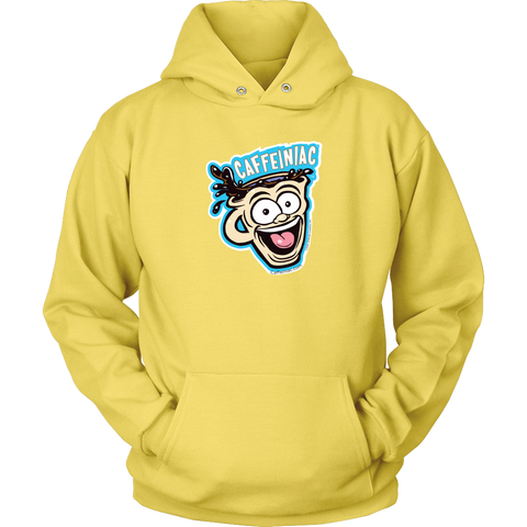 Image of Front view of a yellow unisex Hoodie featuring the original Caffeiniac Dude cup design on the front