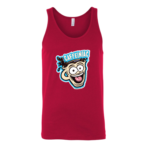 Image of front view of a red tank top featuring the original Caffeiniac dude cup design on the front